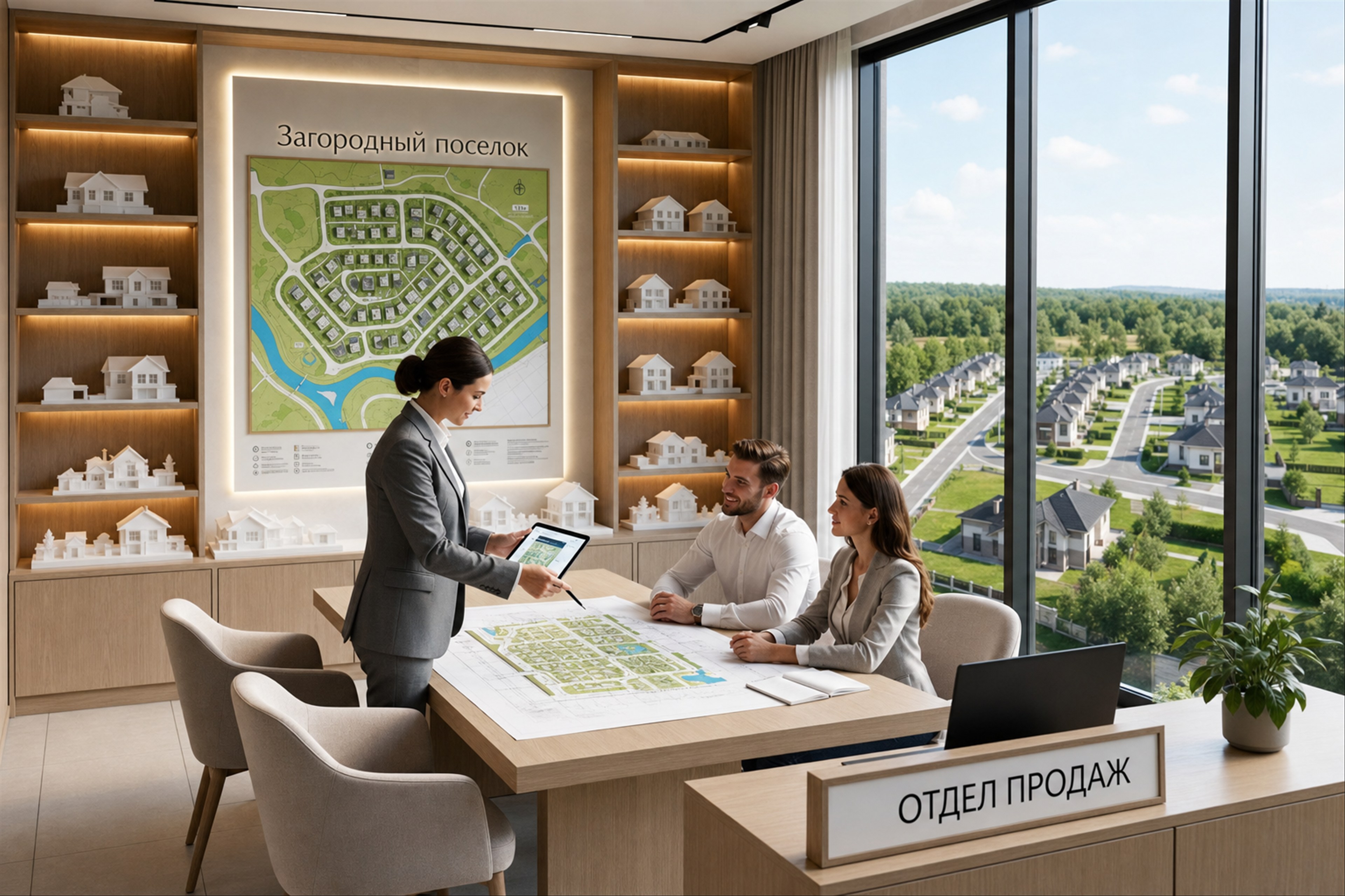 Пара выбирает дом с менеджером в офисе продаж